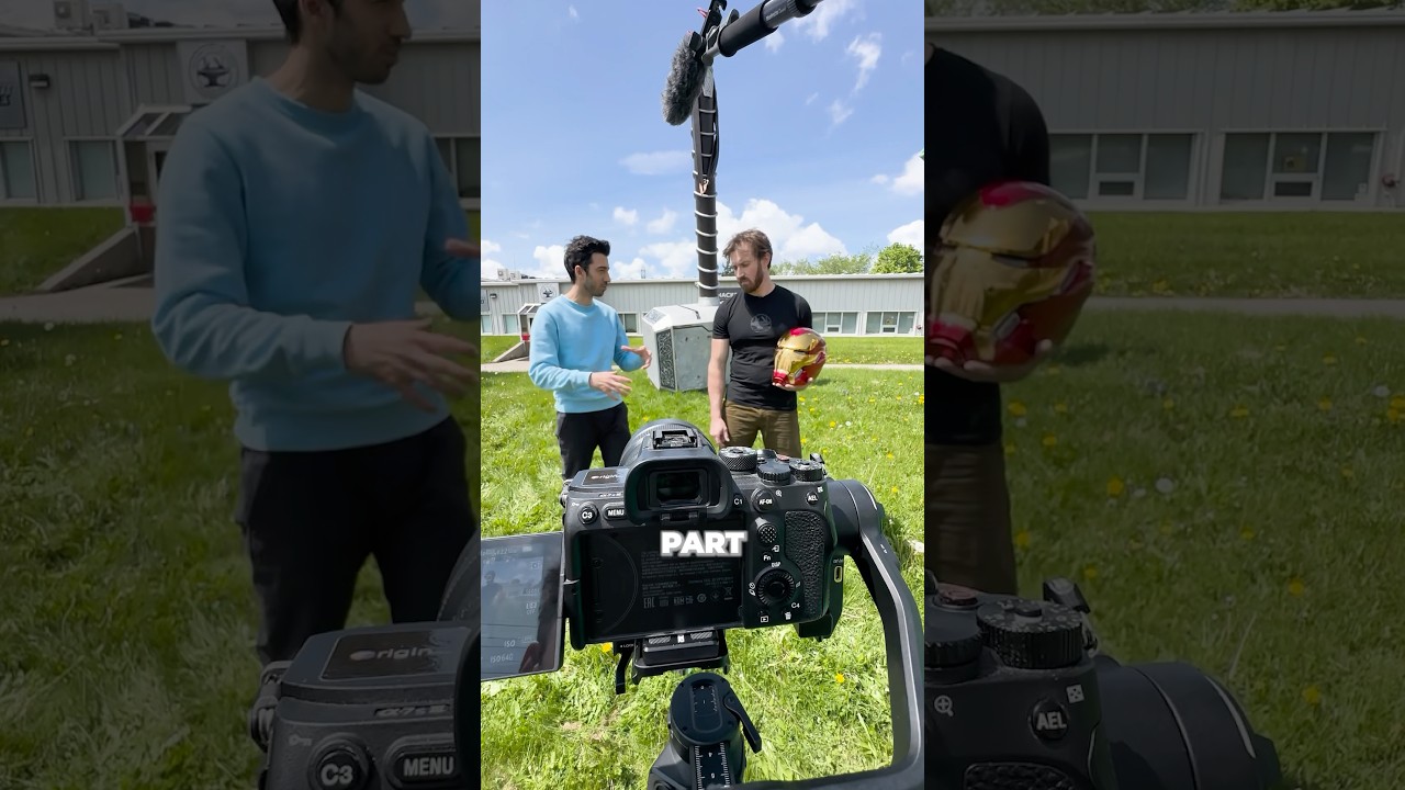 Outdoor video production shoot with camera crew and Iron Man character — Social 9 short-form branded content by Origin Films Toronto